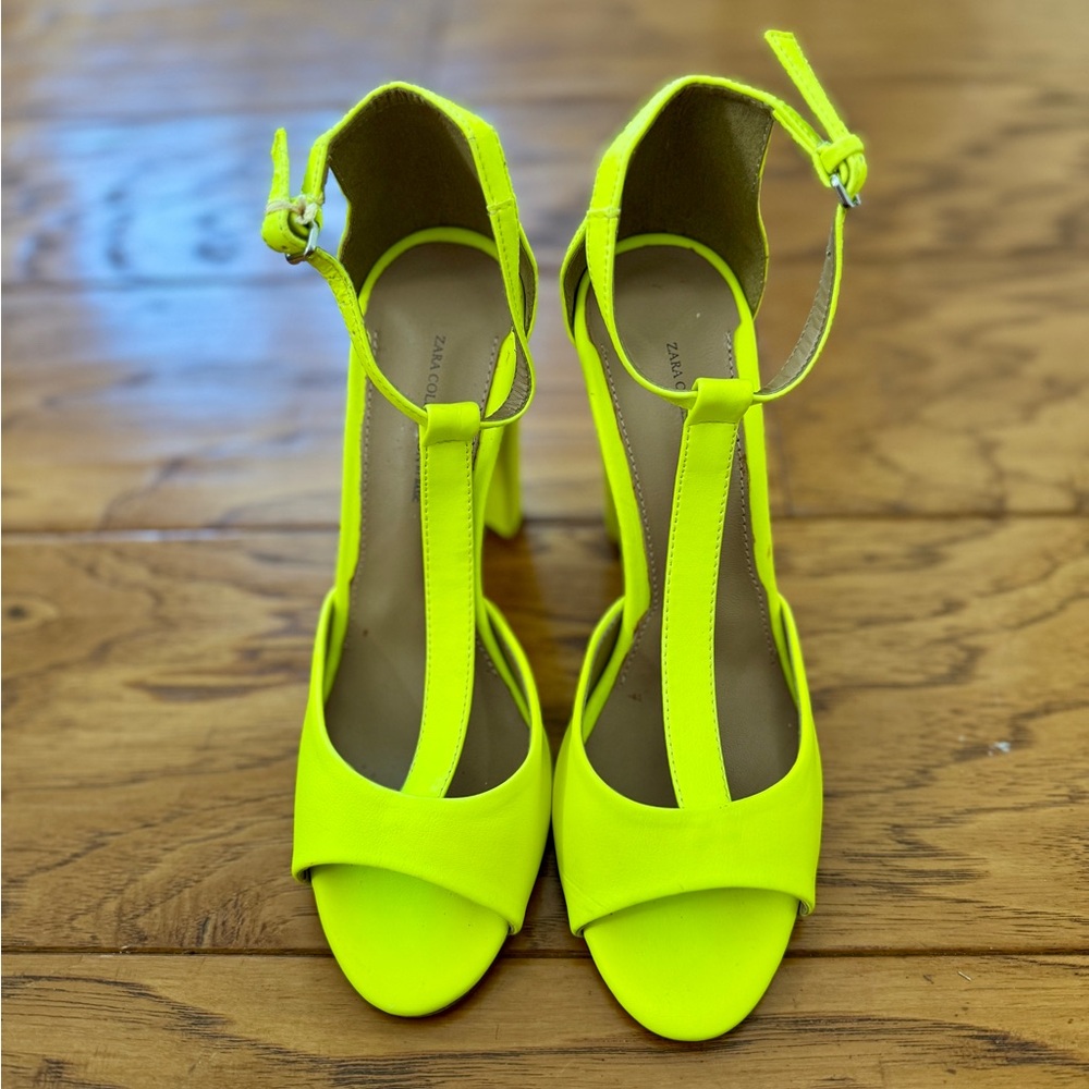 ZARA Neon Yellow T-Strap Block Heel Sandals 6.5 Lime Green Fluo Bright Party Pop - Picture 4 of 14